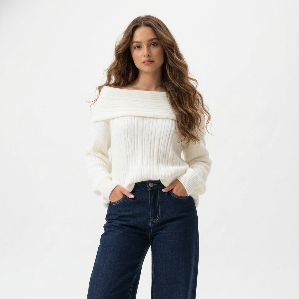 Hamsa Baby blue Off-shoulder Knit sweater