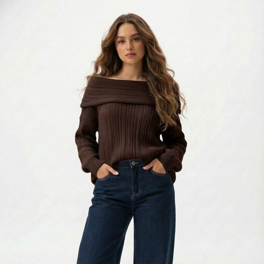 Hamsa Brown Off-shoulder Knit Sweater