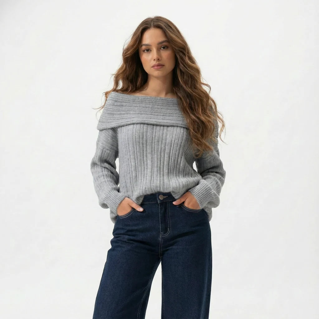 Hamsa Beige Off-shoulder Knit Sweater