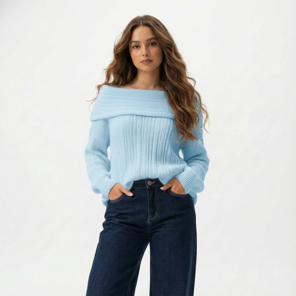 Hamsa Brown Off-shoulder Knit Sweater