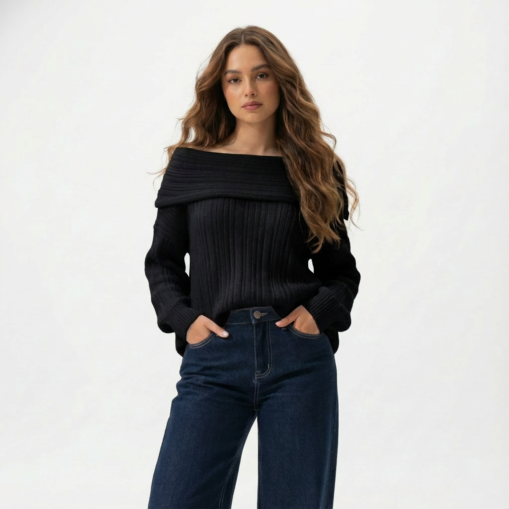 Hamsa Olive Green Off-shoulder Knit Sweater